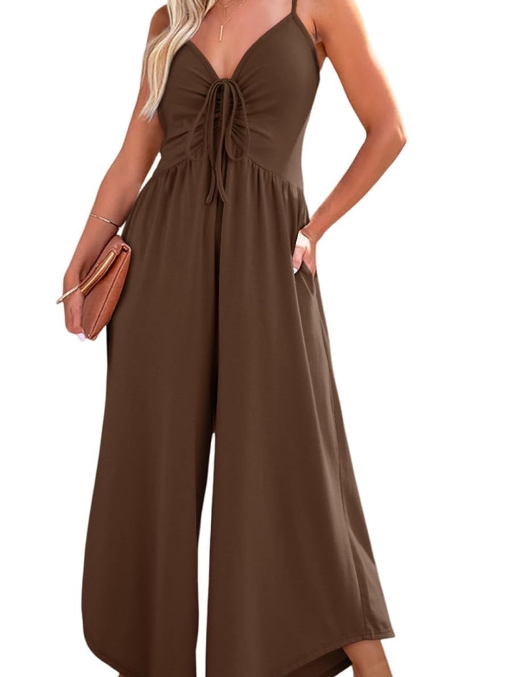Brown Tie-Front Wide-Leg Jumpsuit
